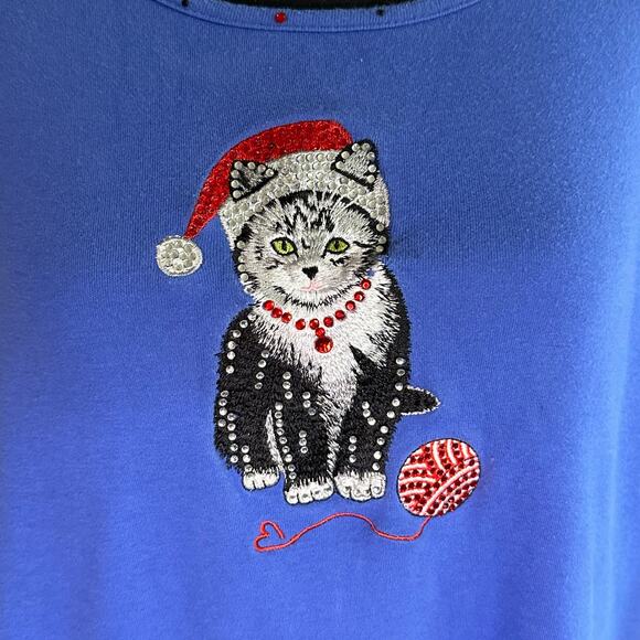 Quacker Factory Women’s Blue Long-sleeve Top, Embroidered Cat, Large, Pre-owned - Picture 3 of 6